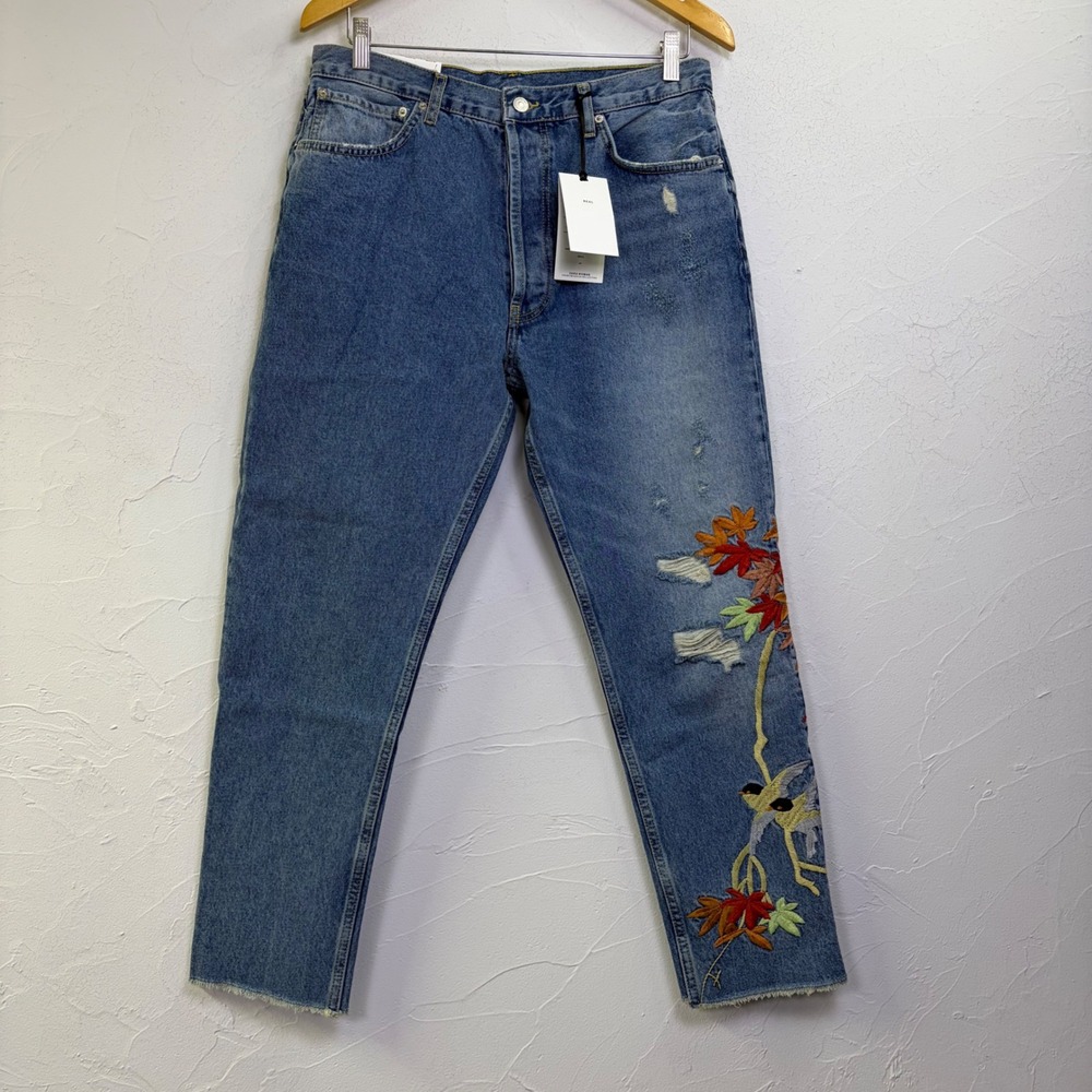 New Zara The Real High Rise Relaxed Jeans Women 10 Embroidered Bird Floral